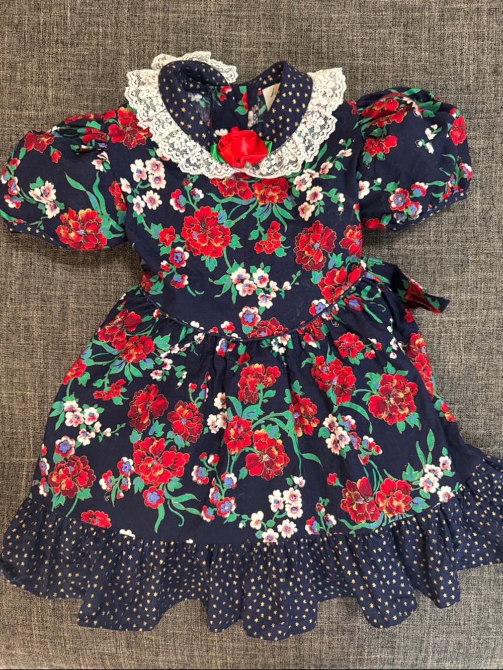 Vintage 90s Floral Girls Dress 3T Lace Collar Puff Sleeve Holiday USA